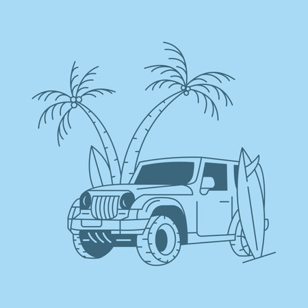 Surfing in Summer with 4x4 Offroad Vehicle is a monoline design that is suitable for t-shirts, jackets, or merchandise with the theme of nature, tropical,vehicle, off road, surfingのイラスト素材