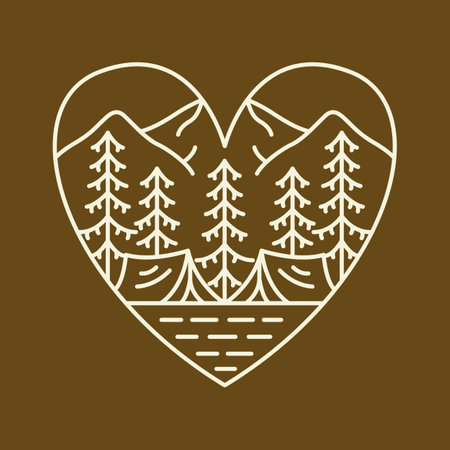 Tent Camping in the Forest Mountain Background Heart Badge Frame  is a monoline design that is suitable for t-shirts, jackets, or merchandise with the theme of nature, camping.のイラスト素材
