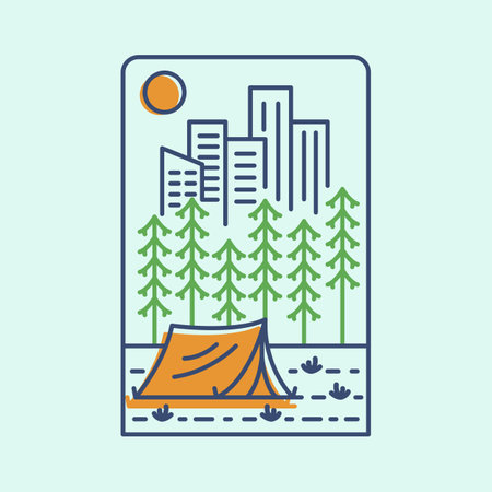 Urban Camping in the City Forest with Skyline Background is a monoline design that is suitable for t-shirts, jackets, or merchandise with the theme of nature, outdoor, camping.のイラスト素材