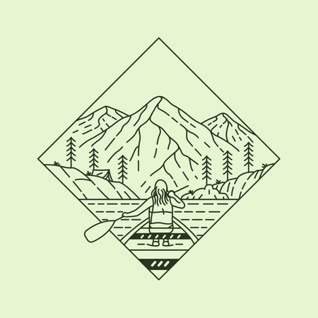 Boat Rowing Adventure in the Canyon Monoline Design Illustration for Apparel.のイラスト素材