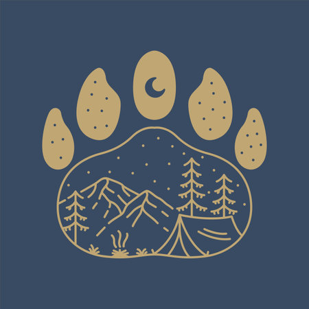 Camping in the Wild Bear Footprint Monoline Design Illustration for Apparel.のイラスト素材