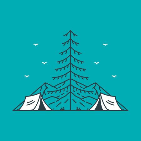 Camping Under a Giant Tree Moutnain Background Monoline Design Illustration for Apparel.のイラスト素材