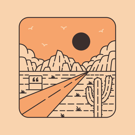 Road to the West crosses the Desert and Cactus Trees Monoline Design Illustration for Apparel.のイラスト素材