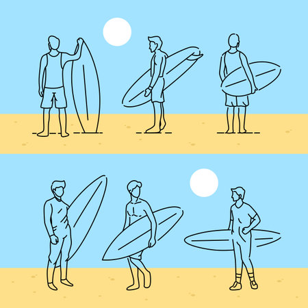 Surfer Holding Surfboard on Summer Beach Sport Vector Illustrationのイラスト素材