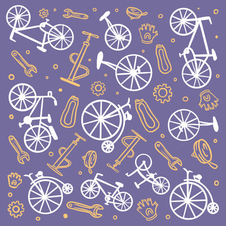 Bicycle and Accessories Seamless Pattern Hand Drawn Vectorのイラスト素材
