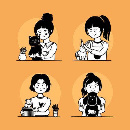 Girls Playing with Her Pet Cat, Dog, Rabbit and Hamster Vector Illustrationのイラスト素材
