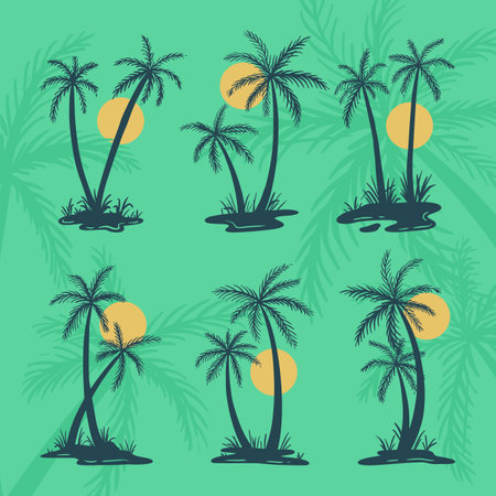 Palm Tree Coconut Tree Tropical Sunset Beach Silhouette Vector Setのイラスト素材