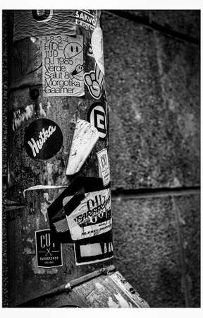 Downpipe with stickers. Blck & whiteの写真素材