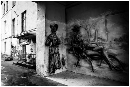 Nice courtyard with painted walls. Minsk, Belarus. Black & whiteのeditorial素材