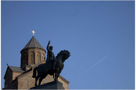 Monument to Vakhtang Gorgasali against the background of a bright blue sky. Tbilisi, Georgia