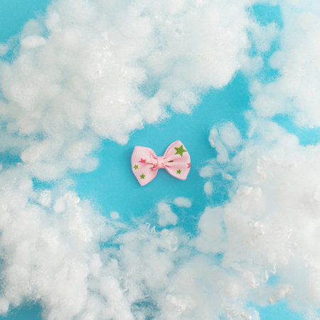 Bowtie in the middle of the clouds. Pastel pink bowtie in harmony with the blue background. Flat lay.の写真素材
