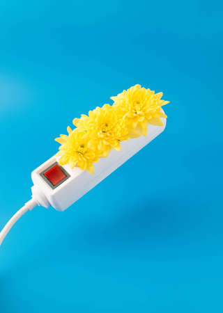 Yellow flowers come from extension cord on blue background. Natural and tech concept.の写真素材