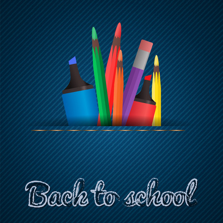 Vector illustration with jeans background, markers and colored pencils for your creativity. Back to schoolのイラスト素材