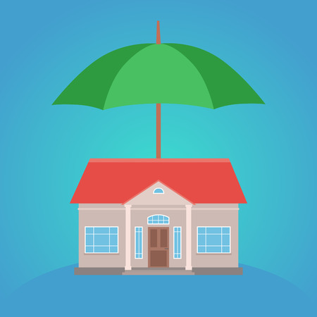 Flat illustration of house and an umbrella over him. Protection of property insurance.のイラスト素材
