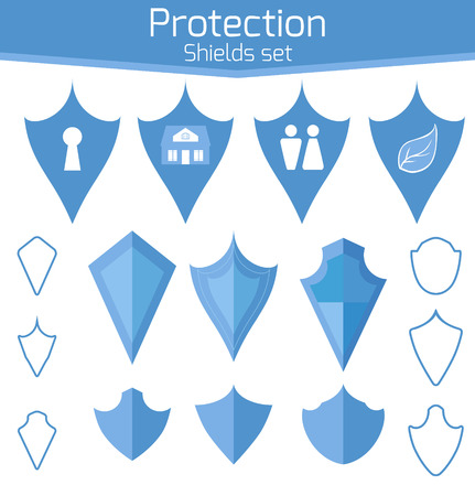 A set of protective shields on various topics. Information security and protection of the environment. Set of linear shields.のイラスト素材