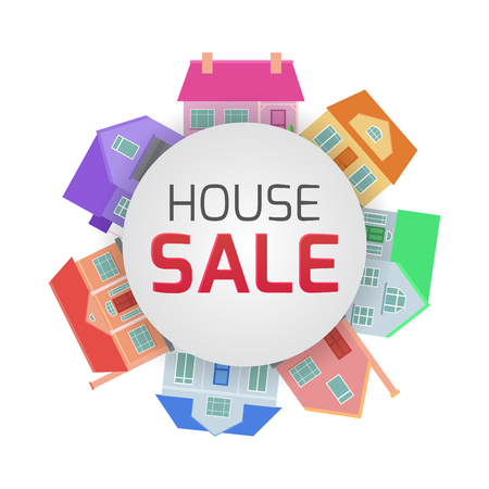 Flat illustrations of country houses in a circle with space for text. Property For Saleのイラスト素材