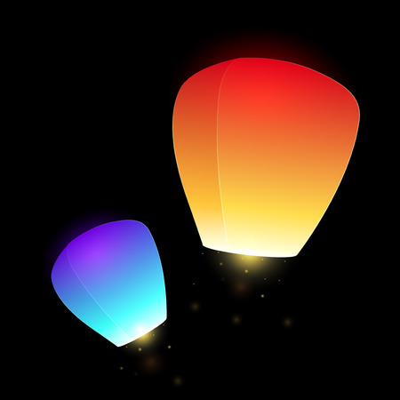 Set of blue and orange  flying sky lanterns for your creativityのイラスト素材