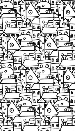 Seamless black and white pattern with doodle houses for your creativityのイラスト素材