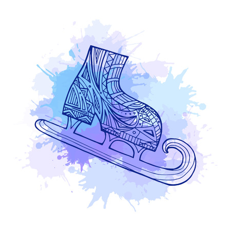 Illustration doodle Winter skates with boho pattern and blue watercolor splashes for your creativityのイラスト素材