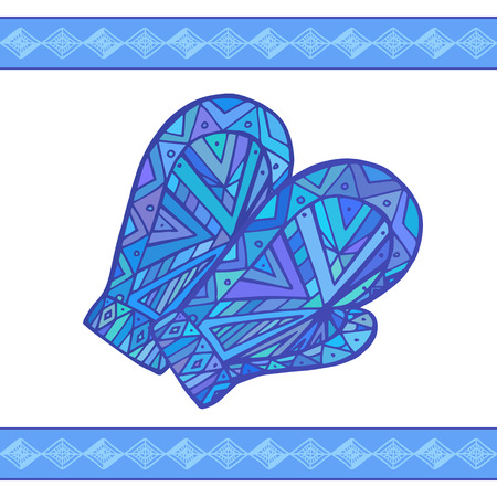 Illustration doodle Winter mittens with boho pattern for your creativityのイラスト素材