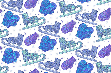 Seamless texture with doodle mittens and skates with boho pattern for your creativityのイラスト素材