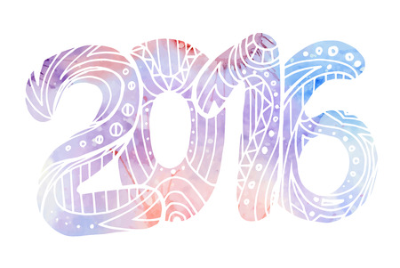 Hand-drawn Doodle digits 2016  with tribal patterns and watercolor background for your creativity