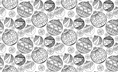 Seamless texture with black and white Christmas balls decorated with doodle pattern for your creativityのイラスト素材