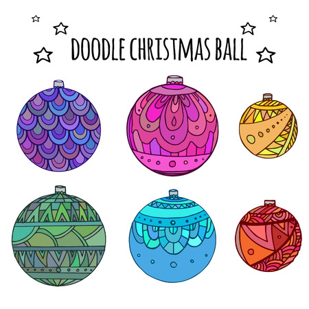Set of colorful Christmas balls decorated with doodle pattern for your creativityのイラスト素材