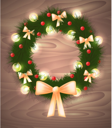 Christmas fir wreath with lights, ribbons and red balls for your creativityのイラスト素材