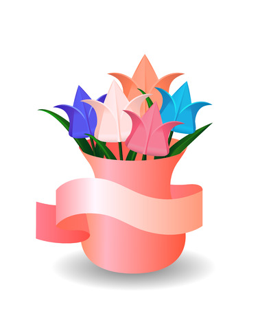 bouquet of origami paper tulips in a vase for your design and your creativityのイラスト素材
