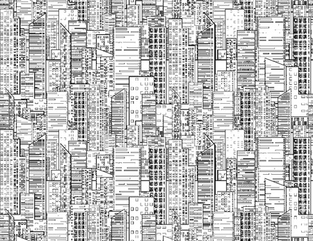 Seamless black and white texture with contours of the city's skyscrapers and houses for backgrounds and your designのイラスト素材