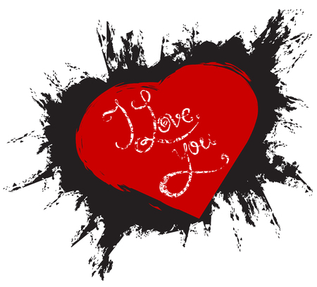 Calligraphic grunge inscription handwritten I love you in red heart on black grunge background. Vector element for your designのイラスト素材