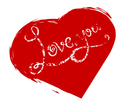 Calligraphic grunge inscription handwritten I love you in red heart. Vector element for your designのイラスト素材