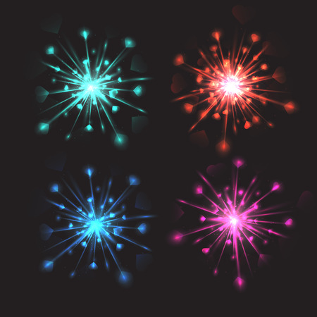Set of vector colorful bright fireworks with hearts for your creativityのイラスト素材