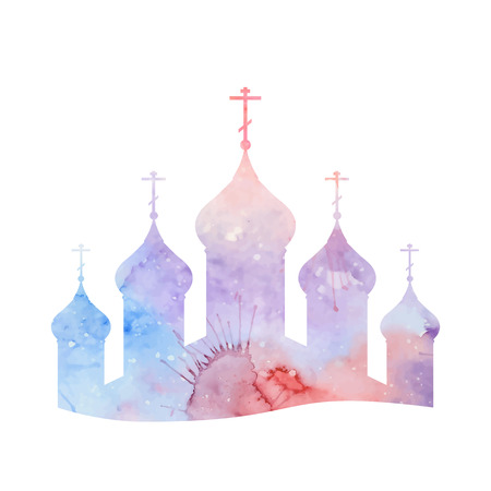 Vector illustration with a silhouette of the Orthodox Church with watercolor background for infographics, greeting cards, invitations, and your designのイラスト素材