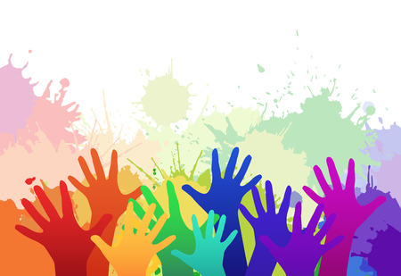 Multicolored rainbow children's hands on background of watercolor splashes. Vector element for your creativityのイラスト素材
