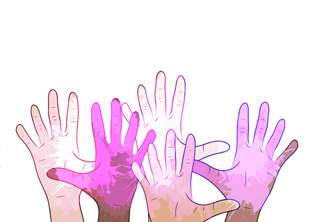 Variety of human hands with watercolor splashes. Vector element for your creativityのイラスト素材