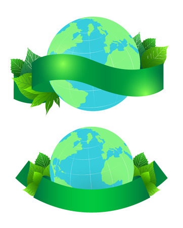 illustration of planet Earth with leaves and green ribbon for text.のイラスト素材