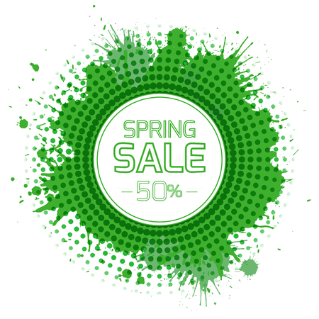 Banner for the spring sale with green splashes and halftones. Vector element for your designのイラスト素材