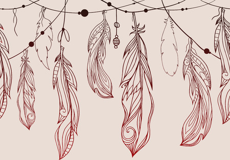Seamless pattern of hanging hand drawn feathers  with boho pattern. Tribal doodle background.のイラスト素材