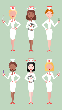 Set flat illustrations nurse women of different nationalities. Vector element for your design and infographicsのイラスト素材