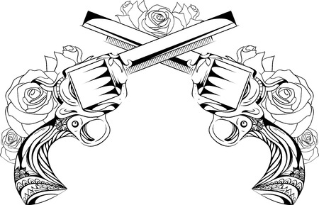 Vector vintage illustration of two revolvers with roses. Duel. Design tattoos, postcards.のイラスト素材