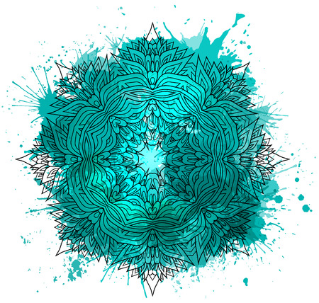 Circular pattern of hand drawn boho pattern with watercolor splashes. Tribal doodle background. Vector element for your creativity.のイラスト素材