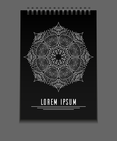 Template black notebook on springs with freehand mandala and place for text. Vector element for your designのイラスト素材