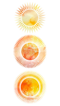 Set of icons of suns with different rays and watercolor background. element for your designのイラスト素材