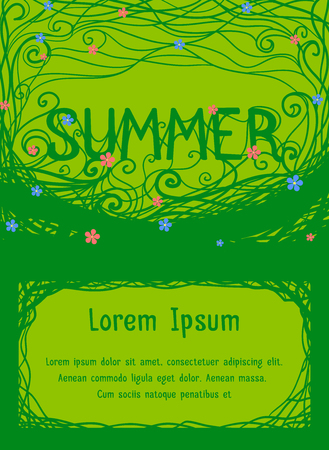 Inscription Summer with swirls, flowers and place for text. Vector illustration for your creativityのイラスト素材