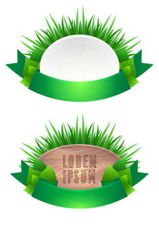 Set of icons with grass, leaves and green ribbons. Environmentally friendly product. Vector element for banners, flyers and your designのイラスト素材