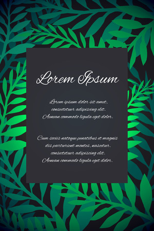 Template thank-you letter, invitation, greeting card with bright green foliage on a dark background and place for text.のイラスト素材