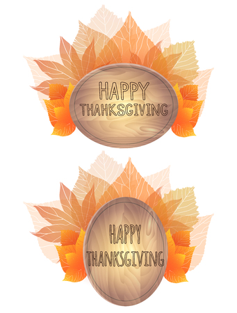 Wooden plaque with a bouquet of autumn leaves. Happy Thanksgiving. Banners, greeting cardsのイラスト素材