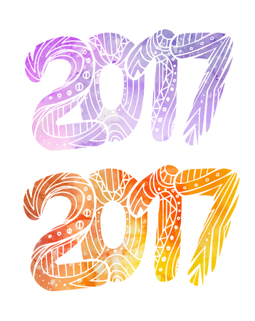 Set of doodle numbers 2017 with boho pattern and watercolor background with splashes. element for your creativityのイラスト素材